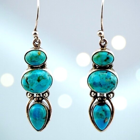 Vintage Sterling Silver Turquoise Dangle Earrings – Modernist 3-Stone Design - Picture 1 of 11